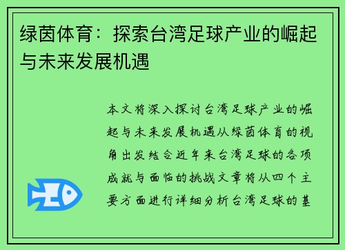 绿茵体育：探索台湾足球产业的崛起与未来发展机遇